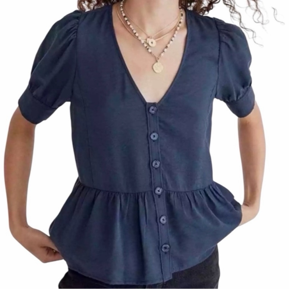 Madewell Dark Navy Button-Front Peplum Top